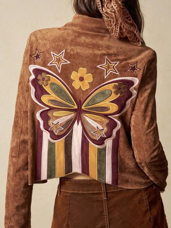 Jackets & Blazers - Brown Vegan Suede Butterfly Embroidered Cropped Trucker Jacket